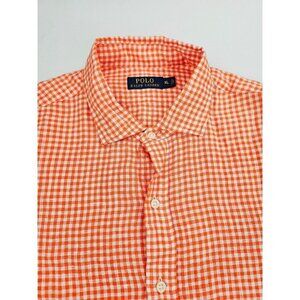 Polo Ralph Lauren Size XL Men Orange White Check Linen Spread Collar Long Sleeve
